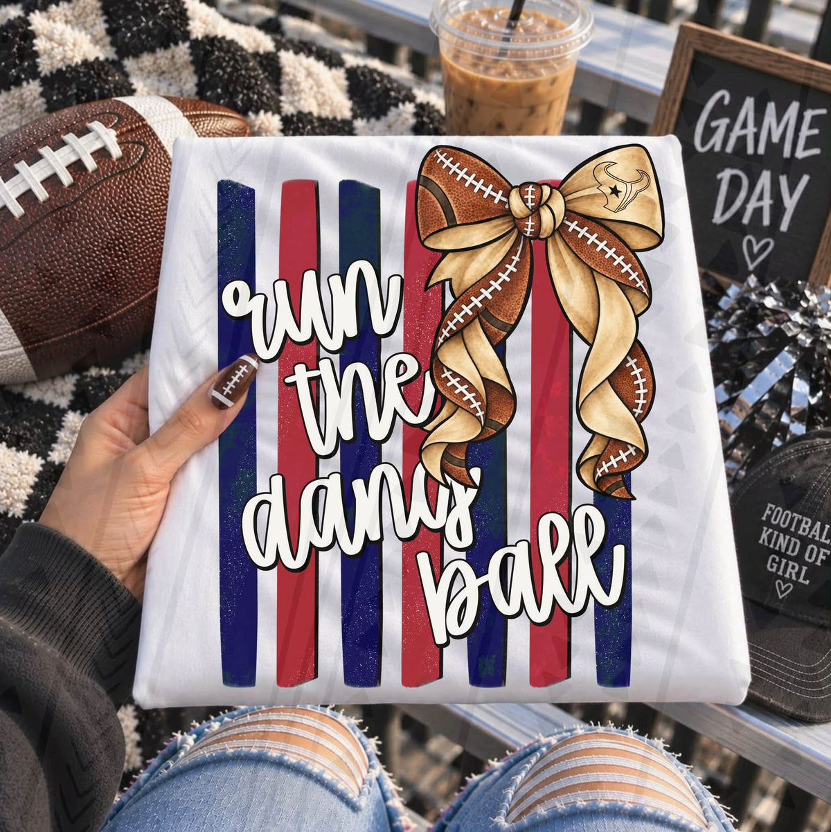 Run The Damn Ball Football Bow Navy Red Stripes (DTF)
