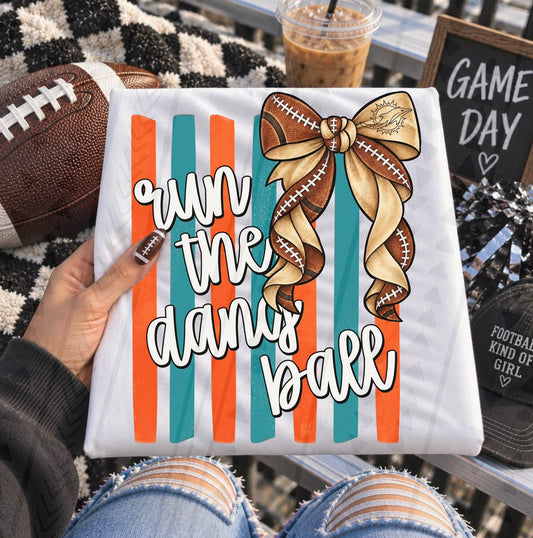 Run The Damn Ball Teal Orange Striped Football Bow (DTF)