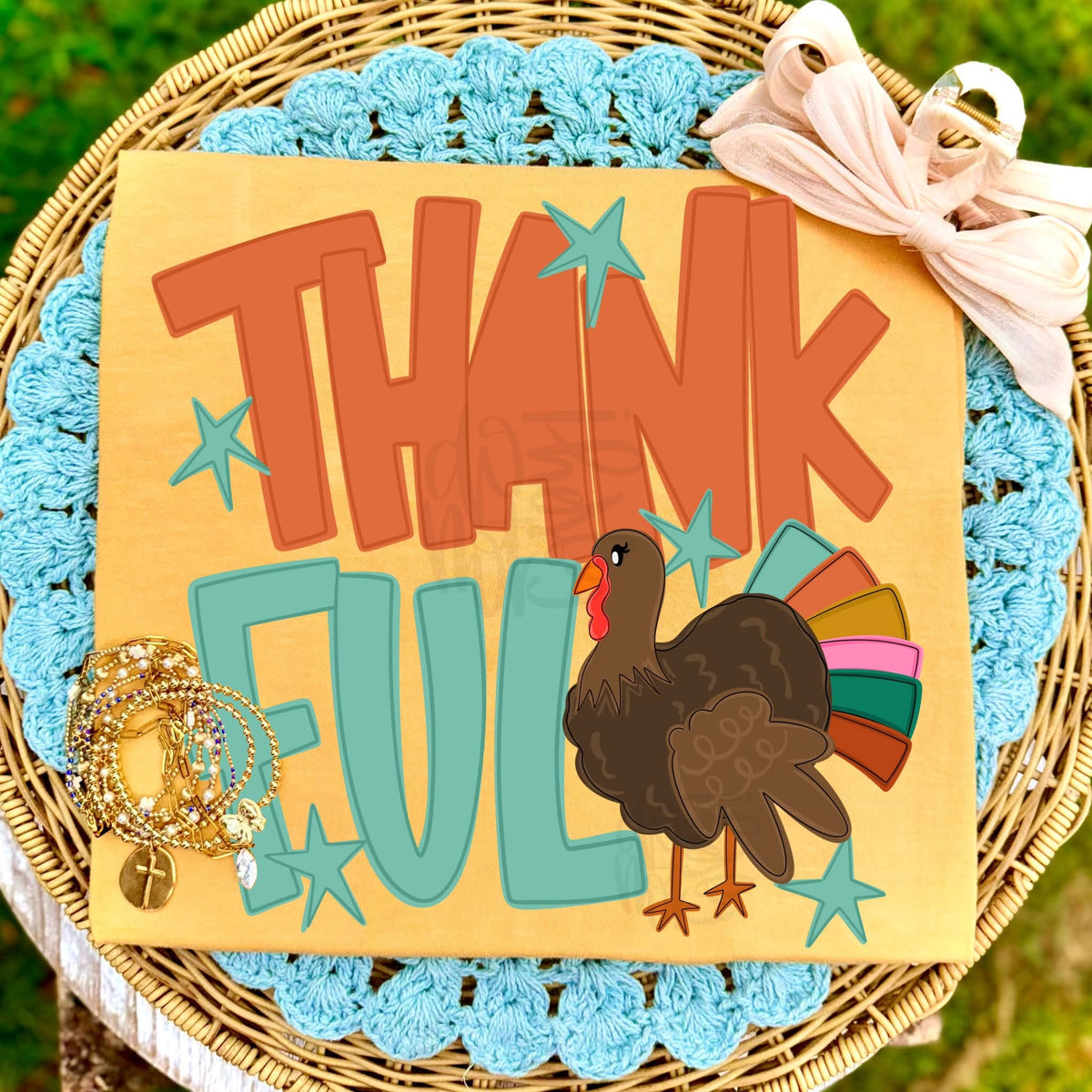 Thankful Turkey Colorful Fan Tail Stars Thanksgiving (DTF)