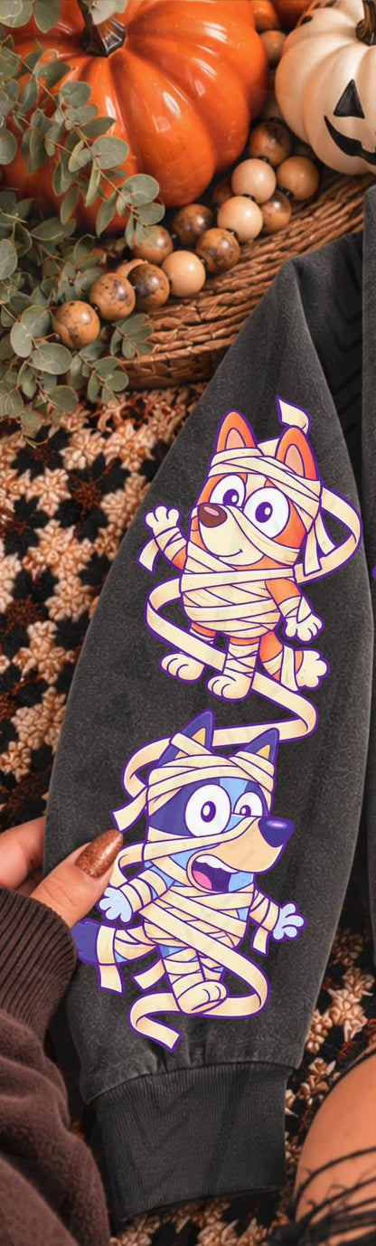 Cartoon Puppy Sisters Wrapped in Mummy Bandages Halloween (DTF)