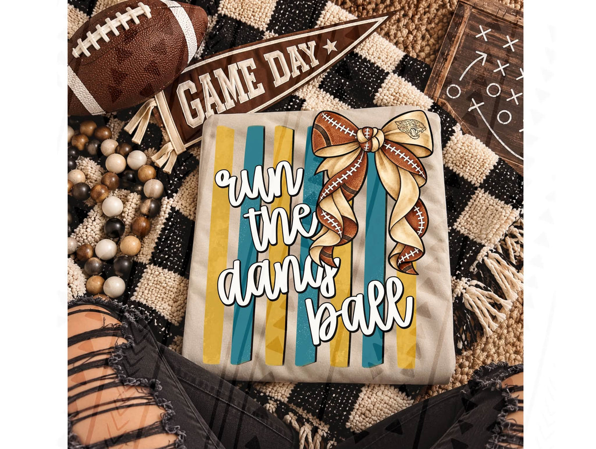 Run The Damn Ball Football Bow Teal Gold Stripes (DTF)