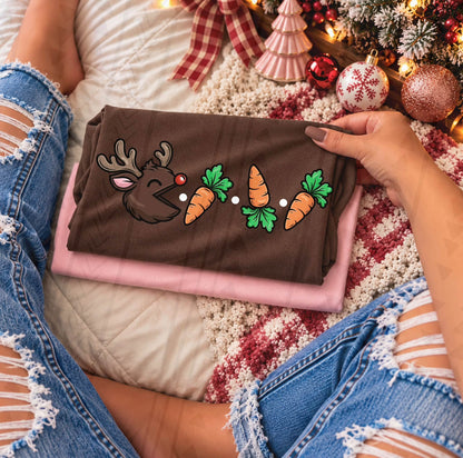 Pac-Man Style Red Nosed Reindeer Eating Carrots (DTF)
