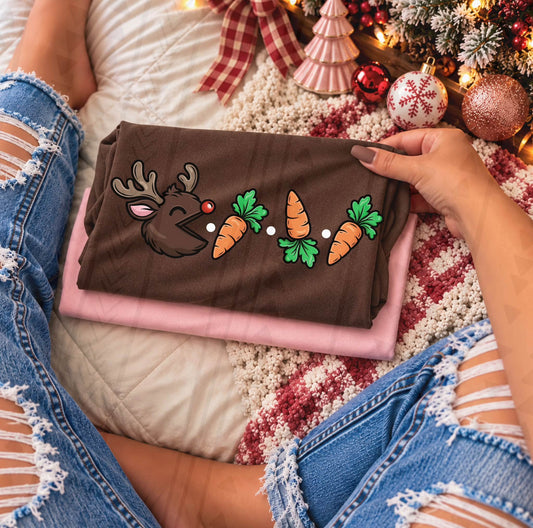 Pac-Man Style Red Nosed Reindeer Eating Carrots (DTF)