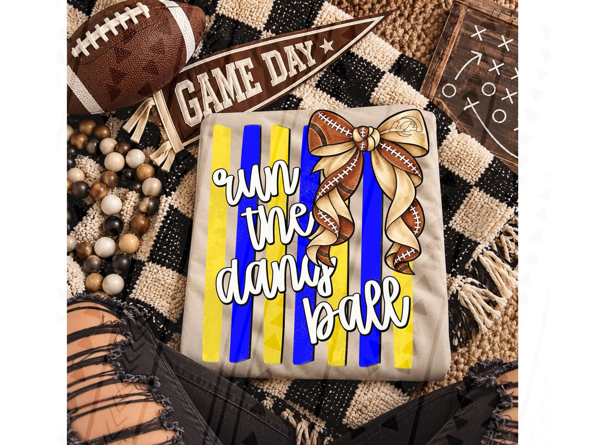 Run The Damn Ball Football Bow Blue Gold Stripes (DTF)
