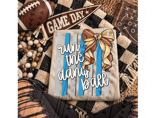 Run The Damn Ball Football Bow Blue Gray Stripes (DTF)