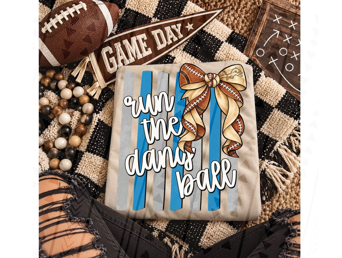Run The Damn Ball Football Bow Blue Gray Stripes (DTF)