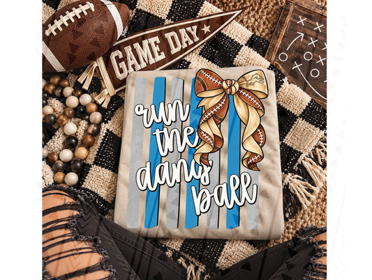 Run The Damn Ball Football Bow Blue Gray Stripes (DTF)