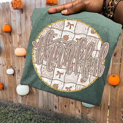 Thankful Patchwork Quilt Pumpkins Gold Glitter Circle (DTF)