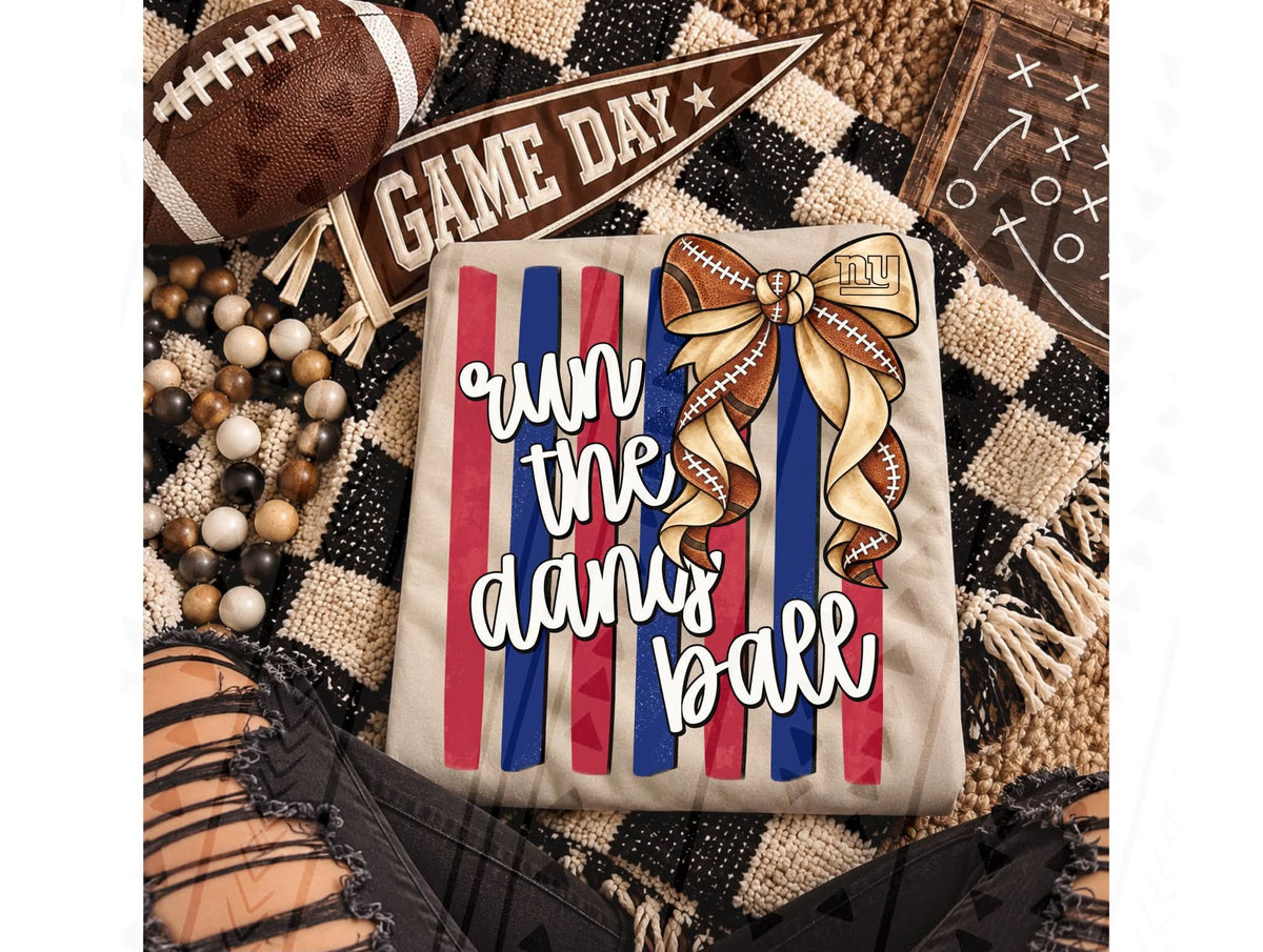 Run The Damn Ball Football Bow Blue Red Stripes (DTF)