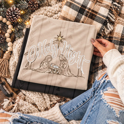 O Holy Night Nativity Scene Star Glitter Script (DTF)