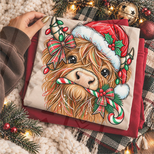 Fluffy Highland Cow Santa Hat Candy Cane Christmas Lights (DTF)