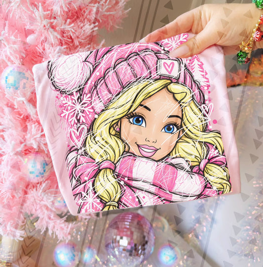 Blonde Girl Pink Winter Beanie Snowflakes Hearts (DTF)