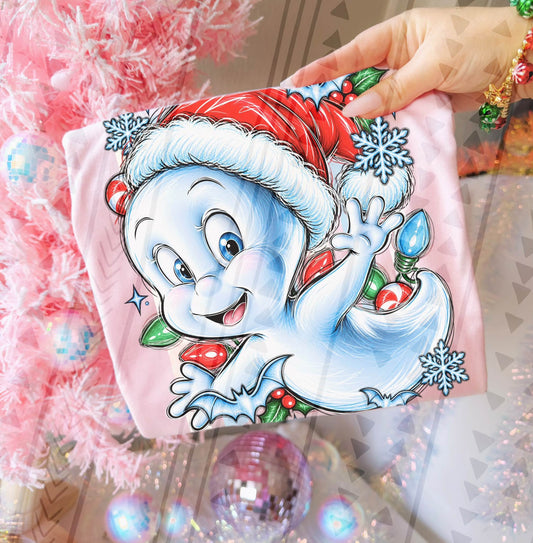 Cute Holiday Ghost Santa Hat Christmas Lights Snowflakes (DTF)