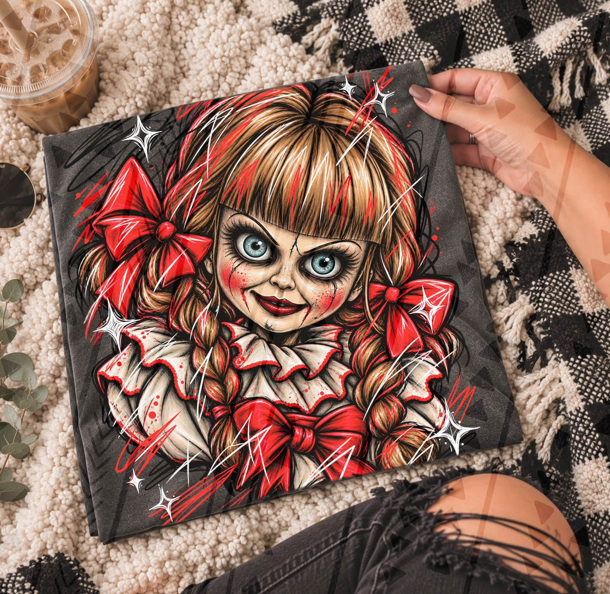 Creepy Stitched Doll Red Bows Braids Horror Art (DTF)