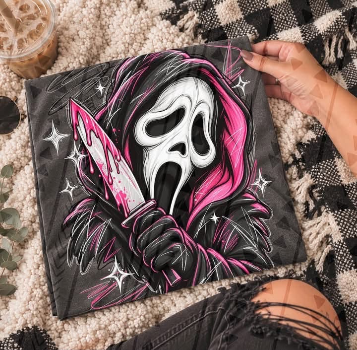 Pink & Black Horror Ghost Mask with Dripping Bloody Knife (DTF)