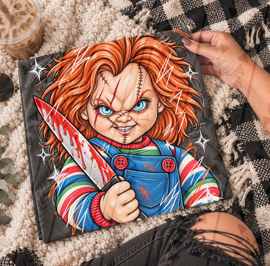 Scarred Killer Doll With Bloody Knife Horror Art (DTF)