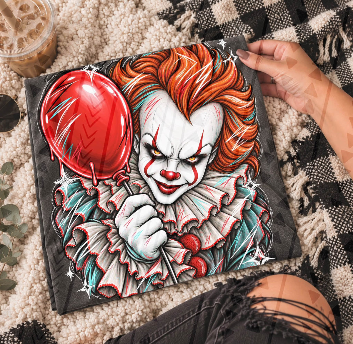 Creepy Evil Clown Holding Red Balloon Horror Art (DTF)
