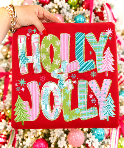 Holly Jolly Patterned Christmas Typography with Trees (DTF)