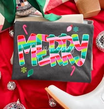 Merry Colorful Striped Bold Holiday Text with Christmas Icons (DTF)