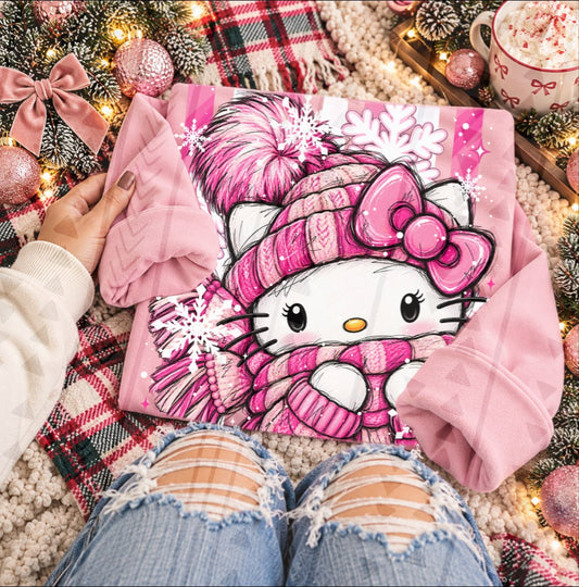 Pink Winter Kitty Cozy Knit Hat Scarf Snowflakes (DTF)