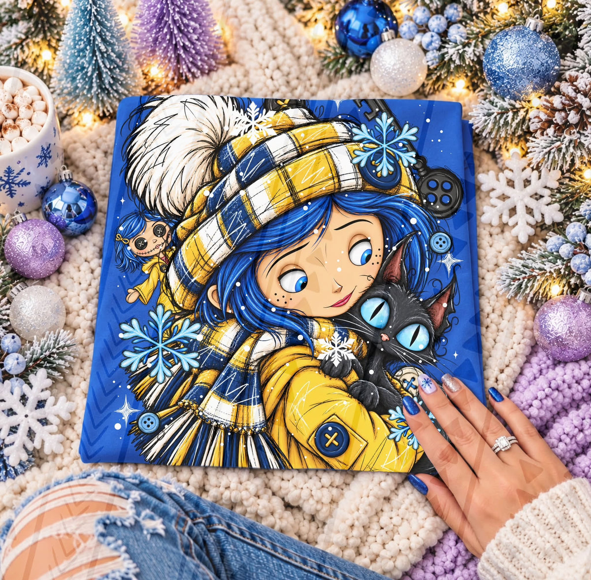 Spooky Blue-Haired Girl Black Cat Winter Snowflake (DTF)