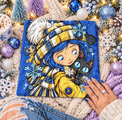 Spooky Blue-Haired Girl Black Cat Winter Snowflake (DTF)