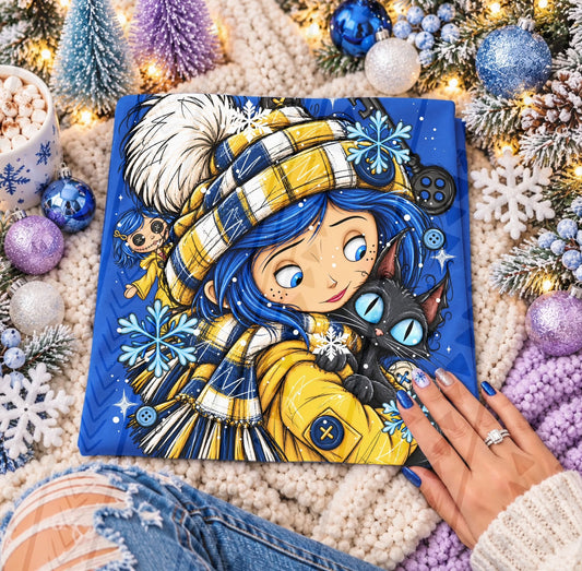 Spooky Blue-Haired Girl Black Cat Winter Snowflake (DTF)