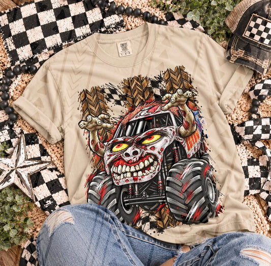 Zombie Monster Truck Glowing Eyes Checkered Flag Splatter (DTF)
