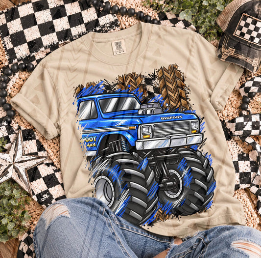 Blue Classic Monster Truck 4x4 Muddy Tire Graphic (DTF)