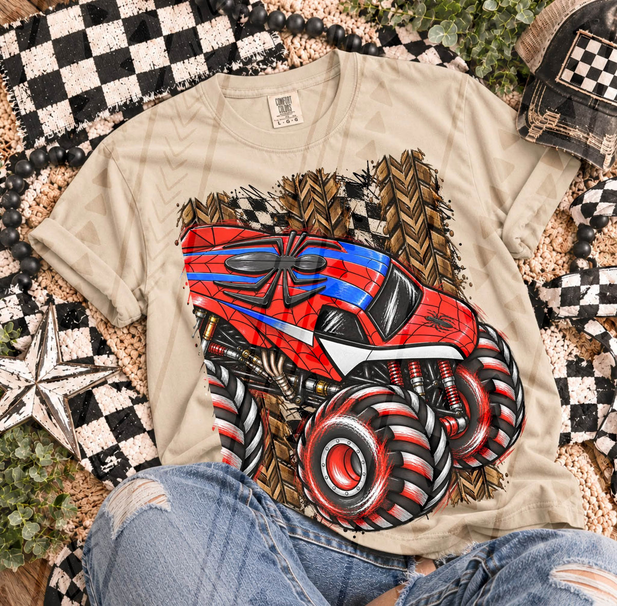 Red Blue Spider Web Monster Truck Racing Checkered Flag (DTF)