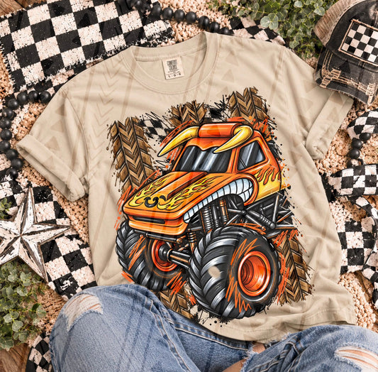 Orange Flame Monster Truck with Horns and Grunge (DTF)