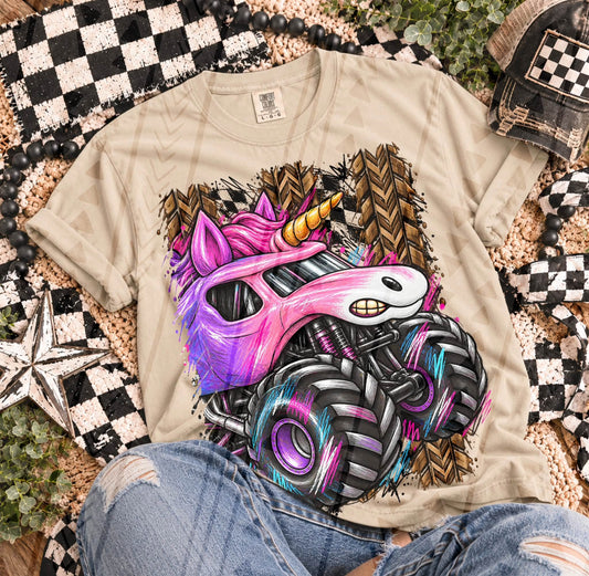 Pink Unicorn Monster Truck Grunge Checkered Flag (DTF)