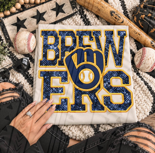 Brewers Faux Embroidery Sequin Glitter Stacked Logo (DTF)