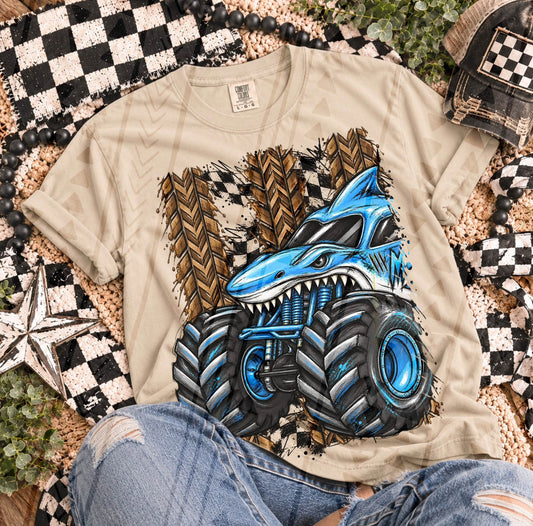 Blue Shark Monster Truck Muddy Tire Tracks Checkered Flag (DTF)