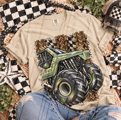 Military Camo Monster Truck American Flag Muddy Race (DTF)