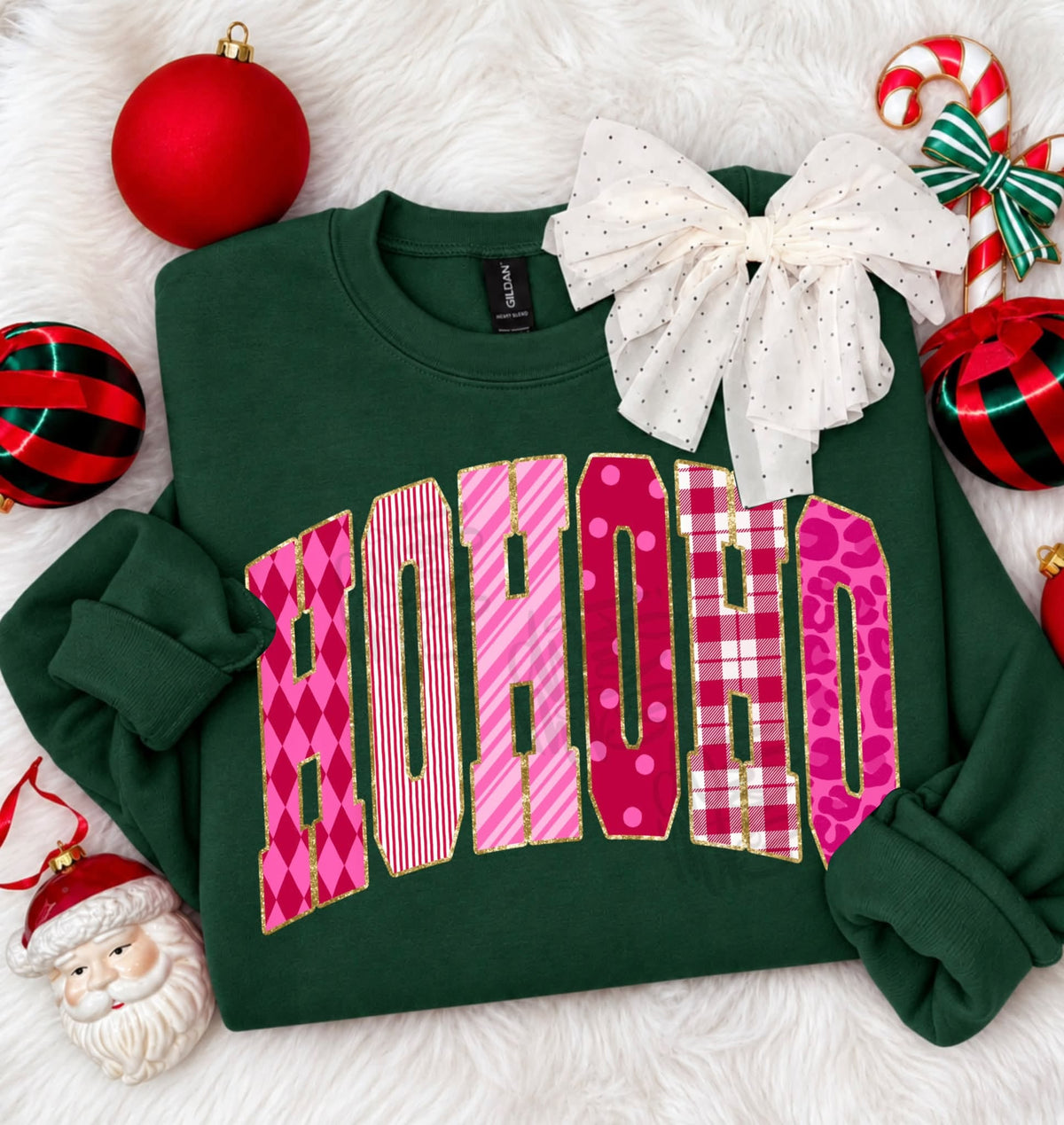 Pink Patterned HO HO HO Arched Gold Glitter Letters (DTF)