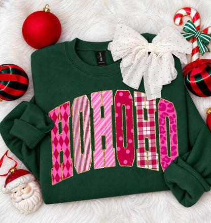 Pink Patterned HO HO HO Arched Gold Glitter Letters (DTF)