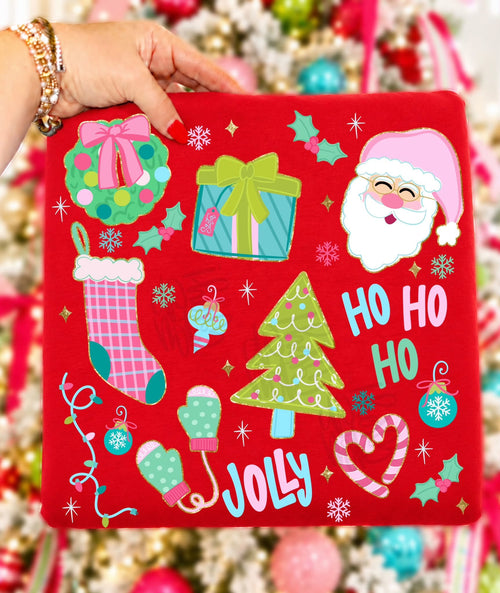 Ho Ho Ho Jolly Christmas Icons Pink Green Santa (DTF)