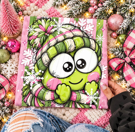 Cute Green Monster Winter Beanie Snowflakes Pink Scarf (DTF)