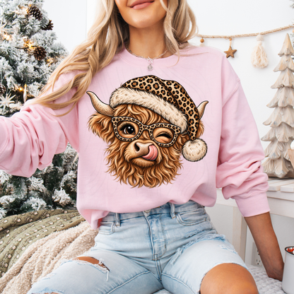 Sassy Highland Cow Leopard Santa Hat Glasses Wink (DTF)