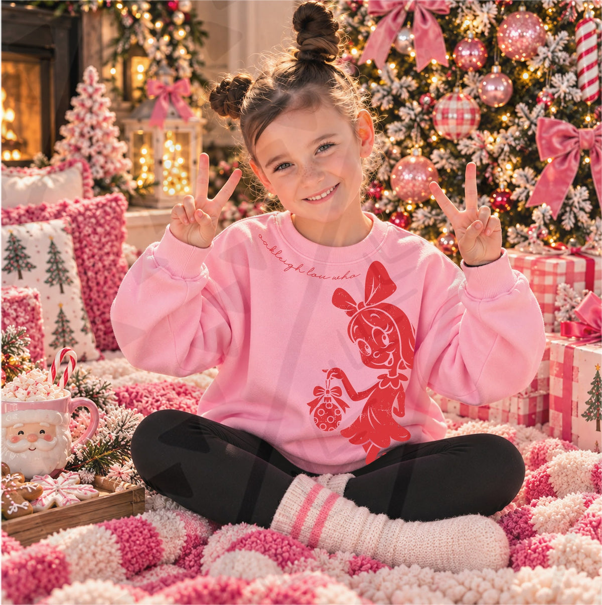 Red Distressed Little Girl Holding Christmas Ornament (DTF)