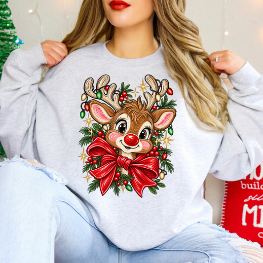 Cute Red Nose Reindeer Christmas Lights Holly Bow (DTF)
