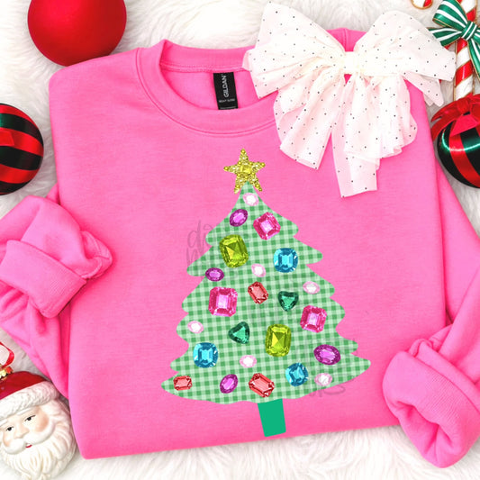 Green Gingham Christmas Tree with Colorful Gemstone Gems (DTF)