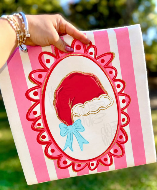 Fancy Cameo Santa Hat with Blue Bow Pink Stripe (DTF)