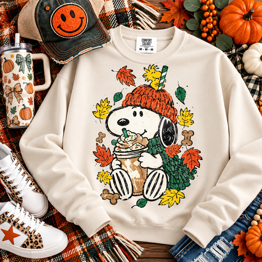 Cartoon Dog Fall Pumpkin Hat Latte Woodstock Leaves DTF