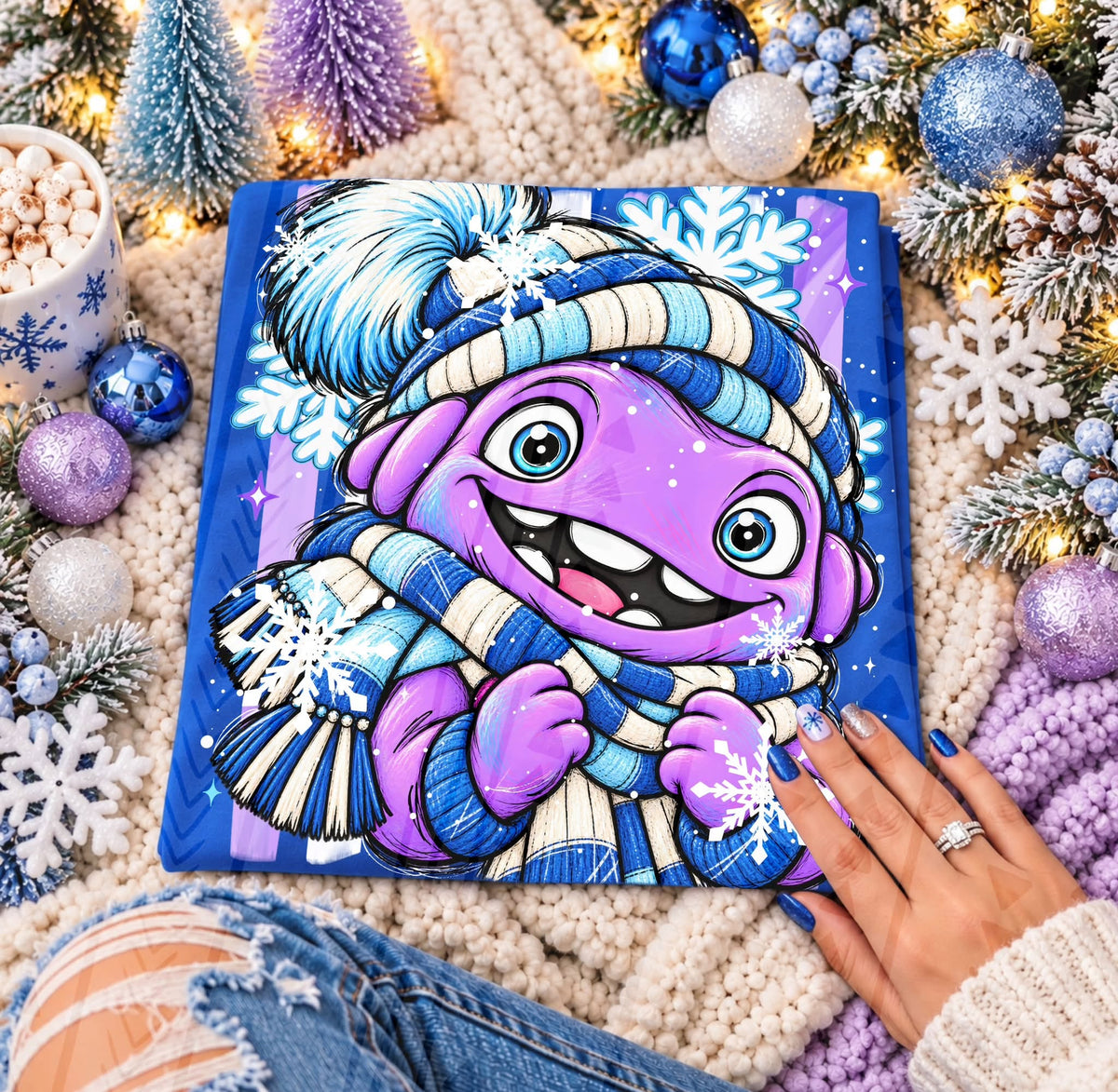 Cute Purple Monster Winter Beanie Scarf Snowflakes (DTF)