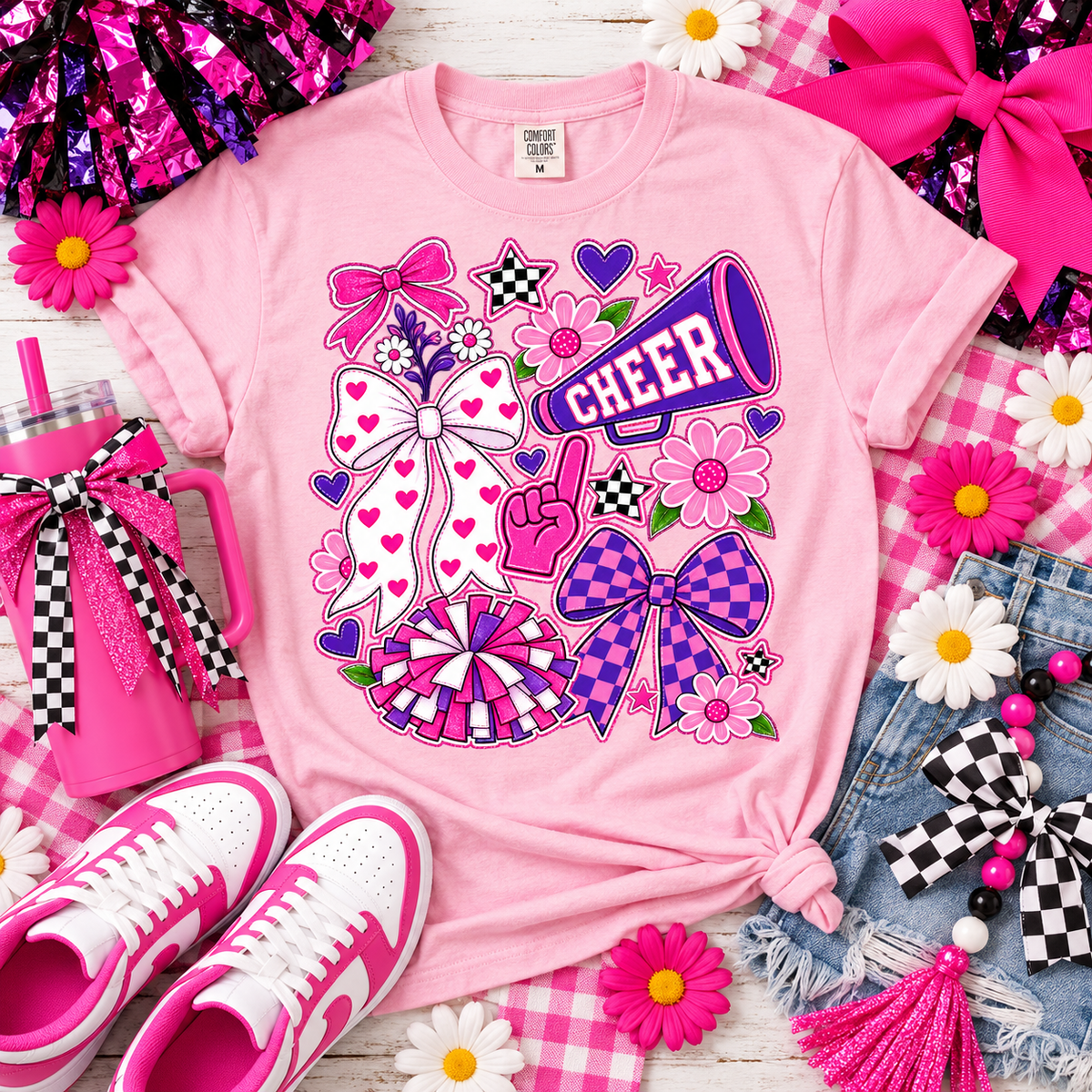 Pink Purple Cheer Megaphone Bows Pom Poms Floral Collage (DTF)