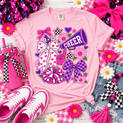 Pink Purple Cheer Megaphone Bows Pom Poms Floral Collage (DTF)