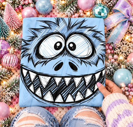 Crazy Blue Fuzzy Monster Face Wild Grin Big Teeth (DTF)
