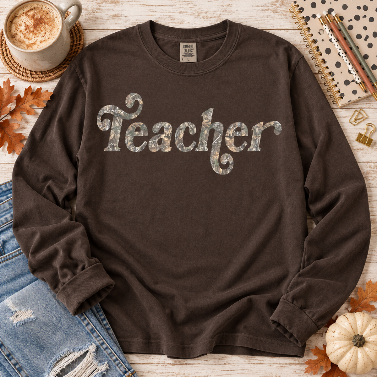 Teacher Woodland Camo Script Lettering (DTF)
